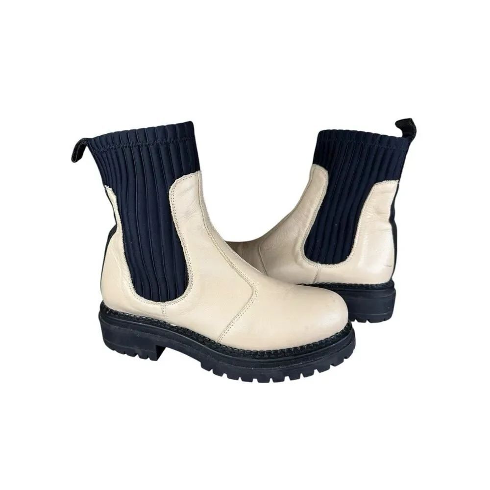 Anthropologie Cream Leather Chelsea Boots Size 6 Chunky Ribbed Ankle Booties